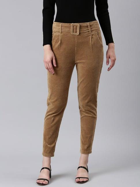 showoff khaki cotton slim fit mid rise trousers