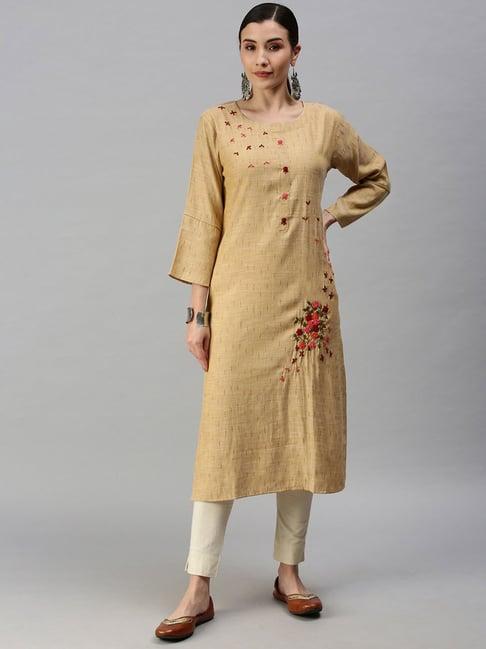 showoff khaki embroidered calf length straight kurta