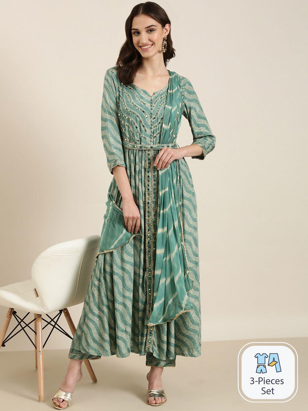 showoff leheriya printed mirror work a-line kurta & trousers with dupatta