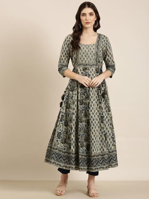 showoff light olive cotton floral print kurta