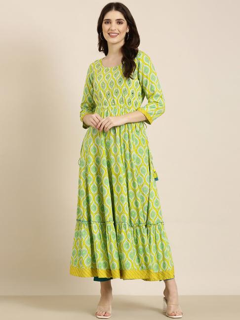 showoff lime green cotton printed kurta