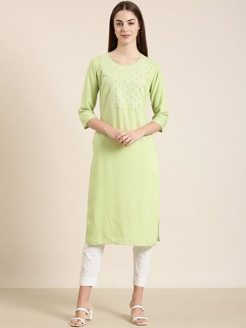 showoff lime green cotton regular fit kurta