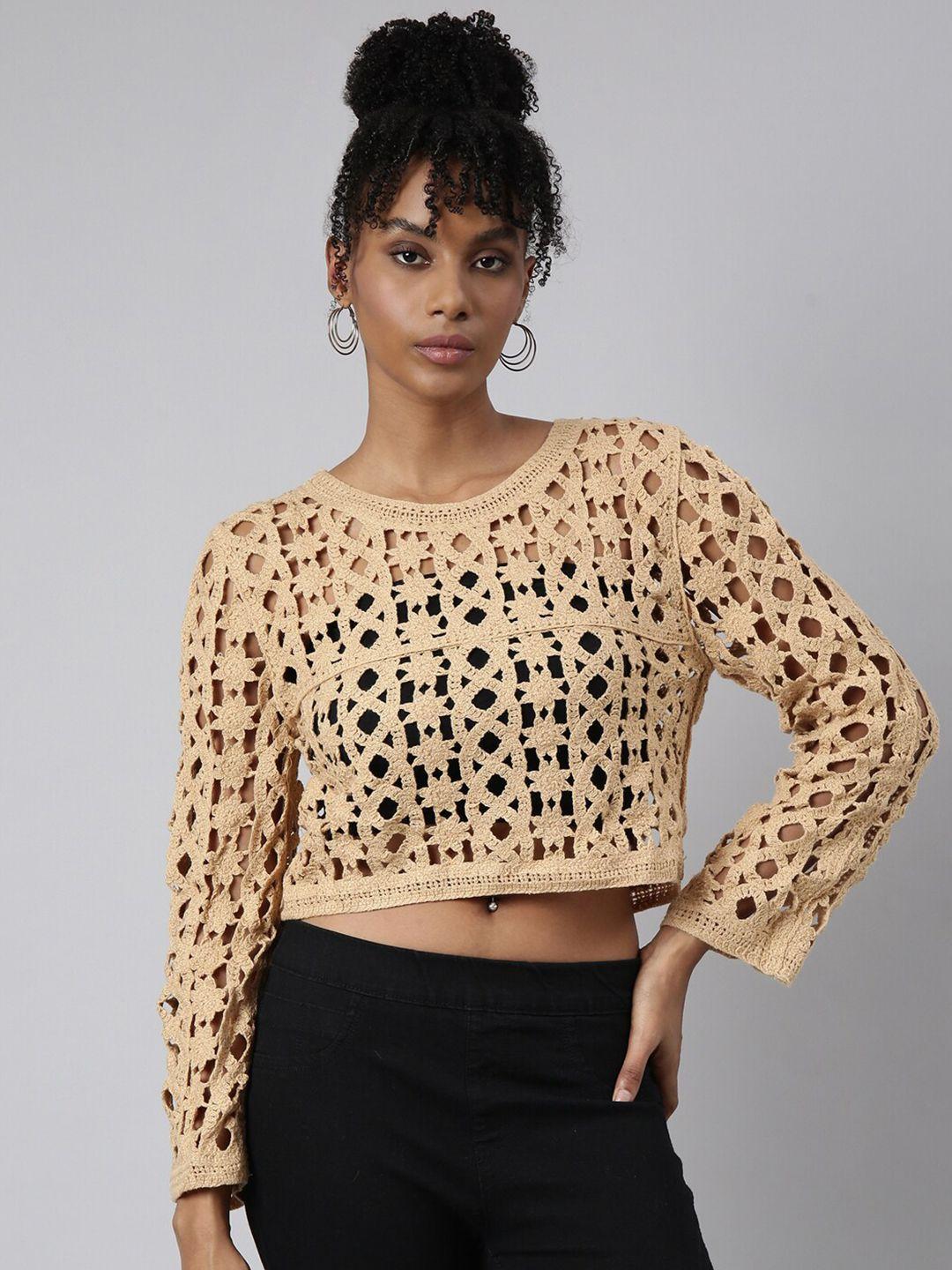 showoff long sleeves round neck self design crochet top