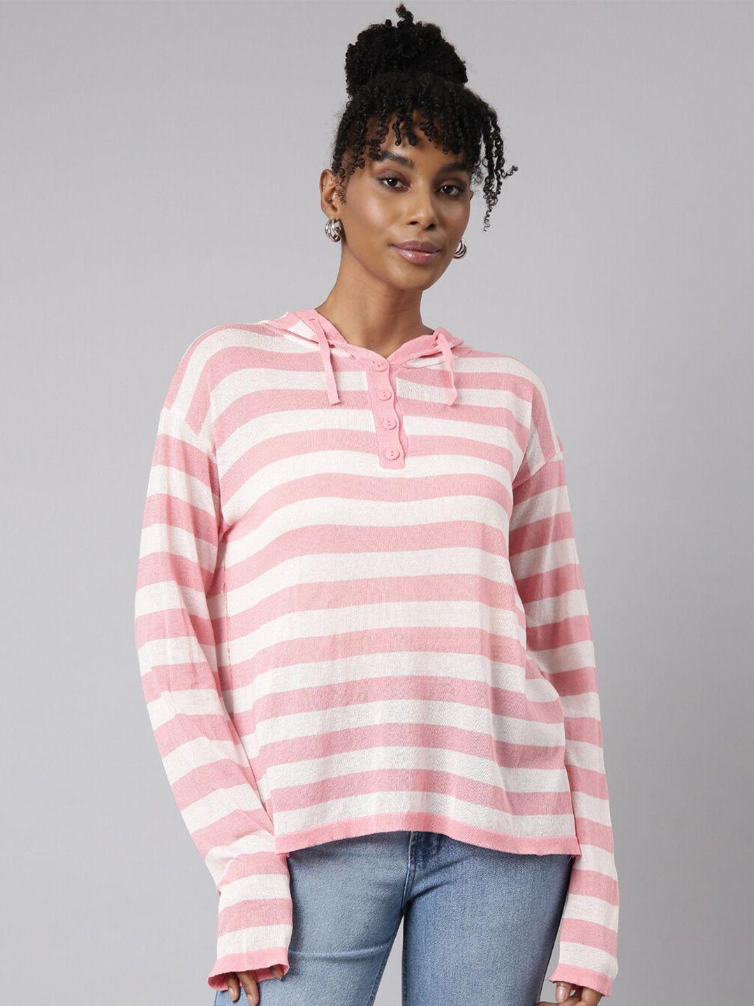 showoff long sleeves striped hood shirt style top