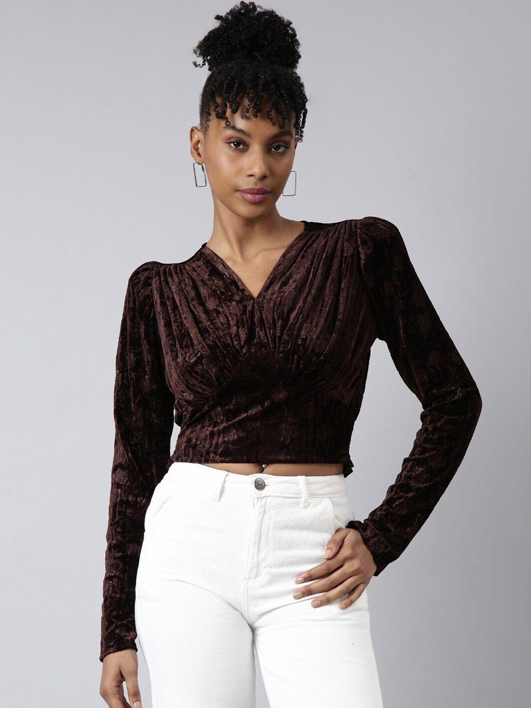 showoff long sleeves v-neck self design cinched waist crop top