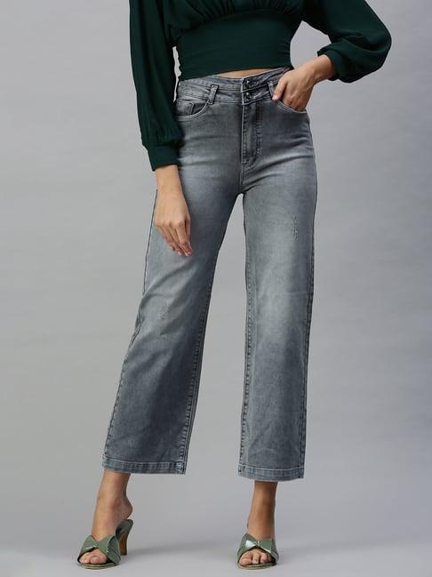 showoff low distress grey wide leg denim jeans