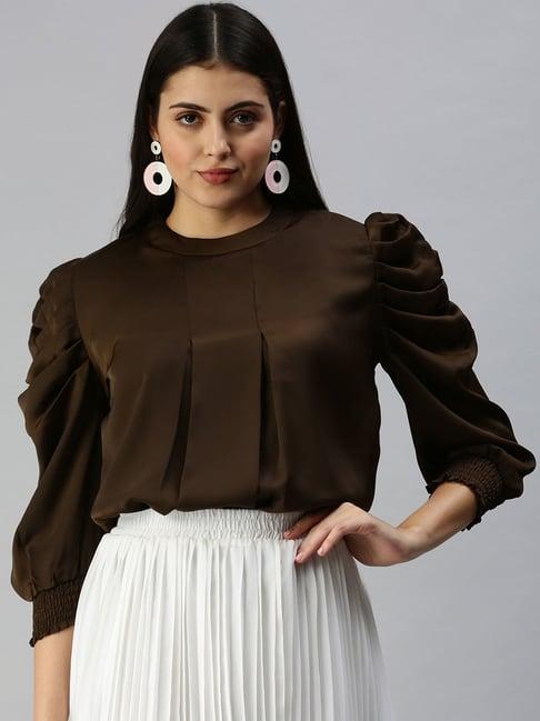 showoff mandarin collar coffee brown solid top