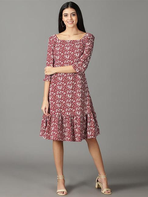 showoff maroon & white floral print a-line dress