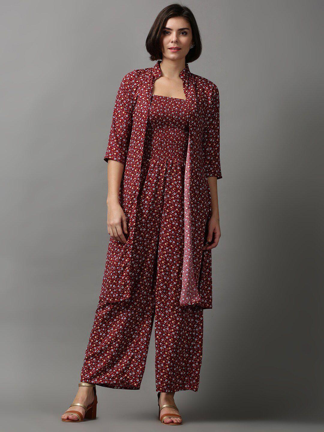 showoff maroon & white printed basic jumpsuit with shrug