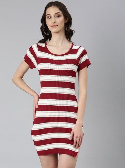 showoff maroon & white striped bodycon dress
