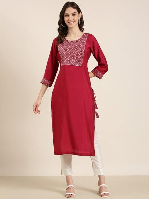 showoff maroon cotton embellished kurta