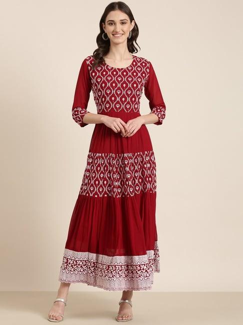 showoff maroon cotton embroidered maxi dress