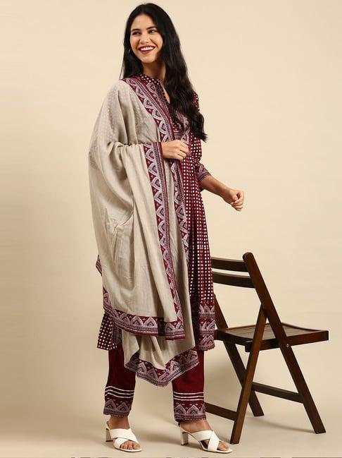 showoff maroon cotton printed kurta pant set with dupatta
