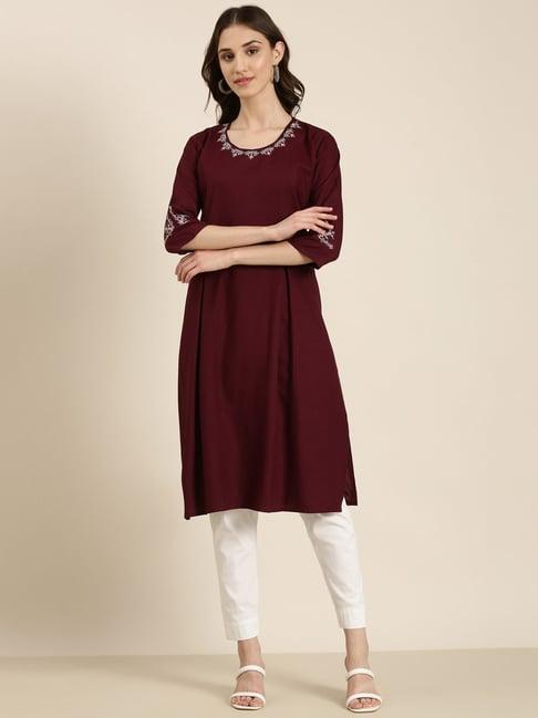 showoff maroon cotton regular fit kurta