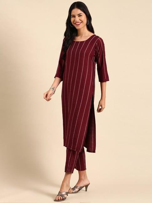 showoff maroon cotton striped kurta pant set