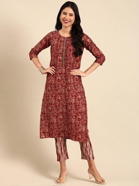 showoff maroon printed kurta pant set