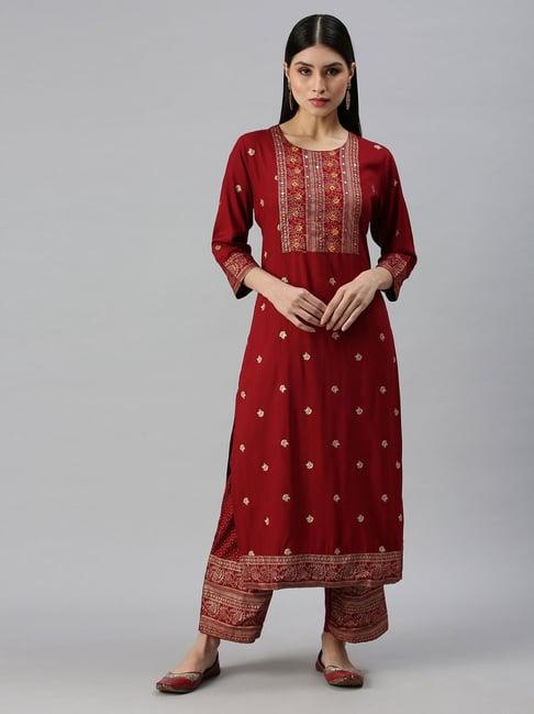 showoff maroon printed kurta with pants