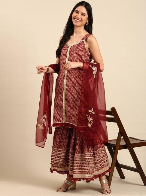 showoff maroon printed kurti sharara set with dupatta