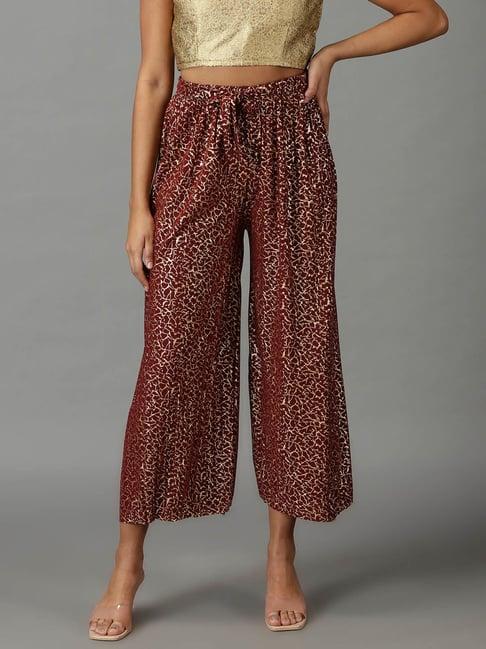 showoff maroon printed straight fit mid rise parallel trousers