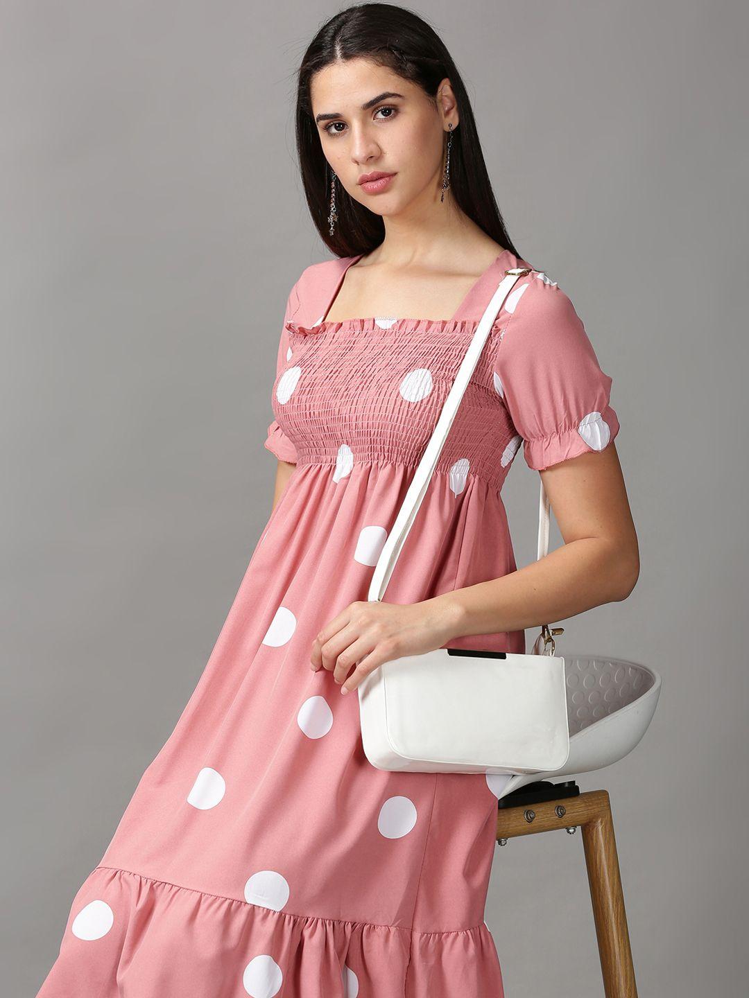 showoff mauve & white polka dot printed empire dress