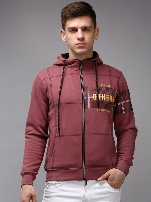 showoff mauve cotton regular fit printed hooded sweatshirt