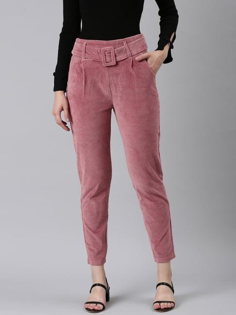 showoff mauve cotton slim fit mid rise trousers