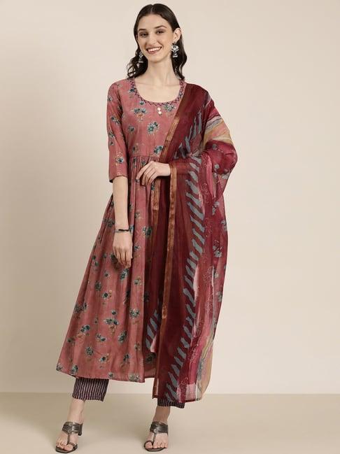 showoff mauve embellished kurta with pants & dupatta