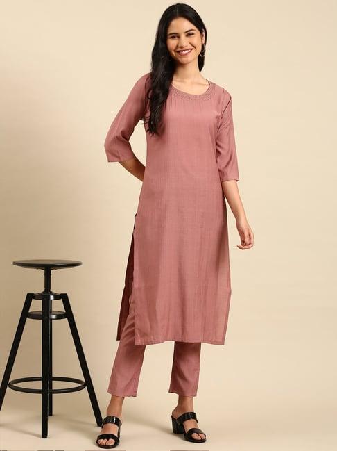 showoff mauve embroidered kurta pant set