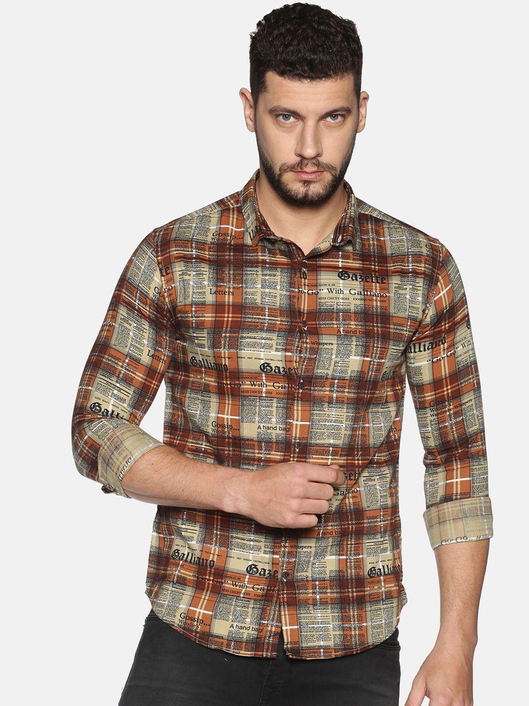 showoff men beige & brown slim fit checked casual shirt