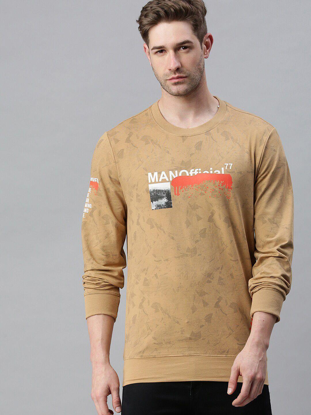 showoff men beige printed cotton sweatshirt