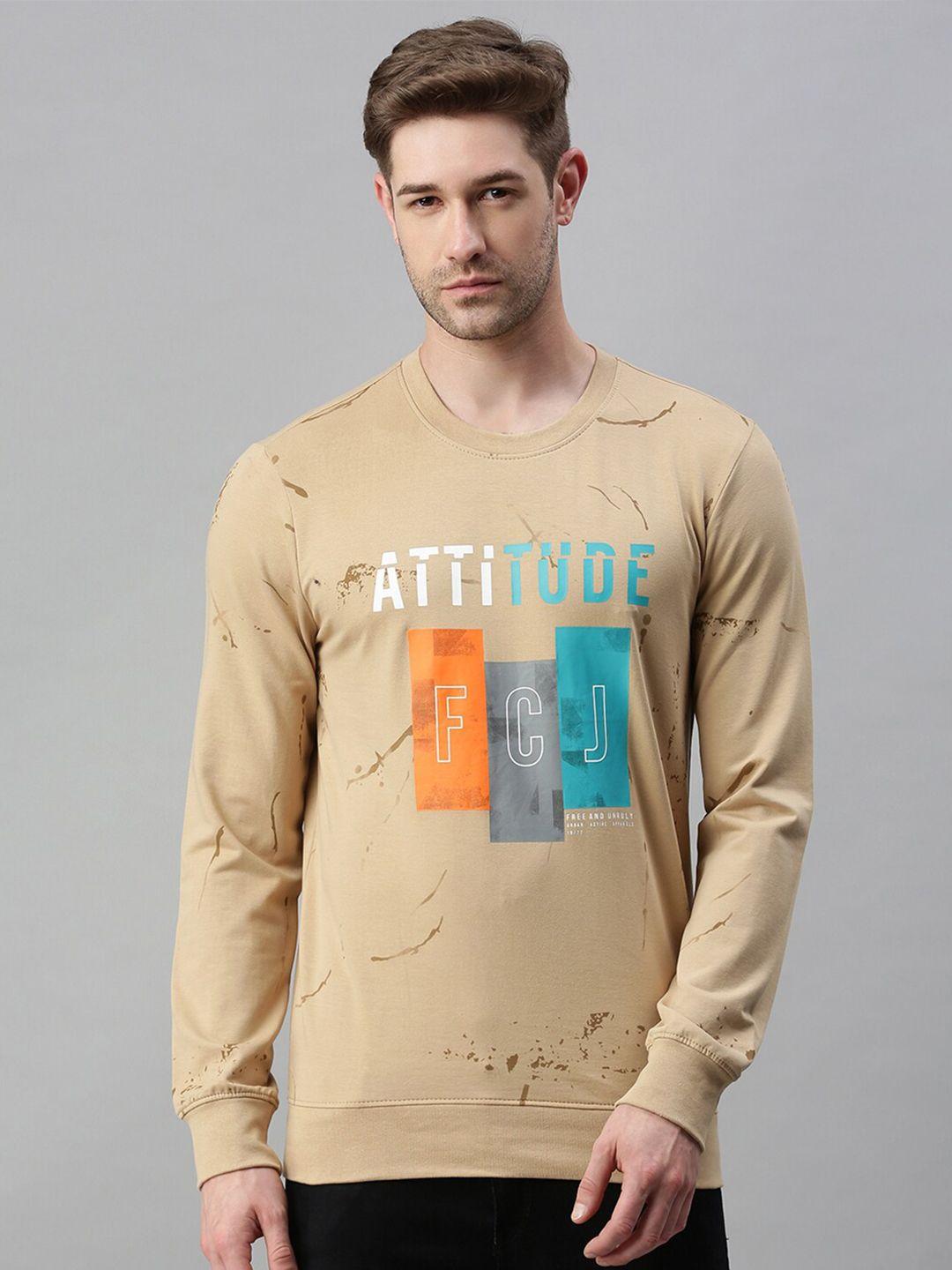 showoff men beige printed sweatshirt