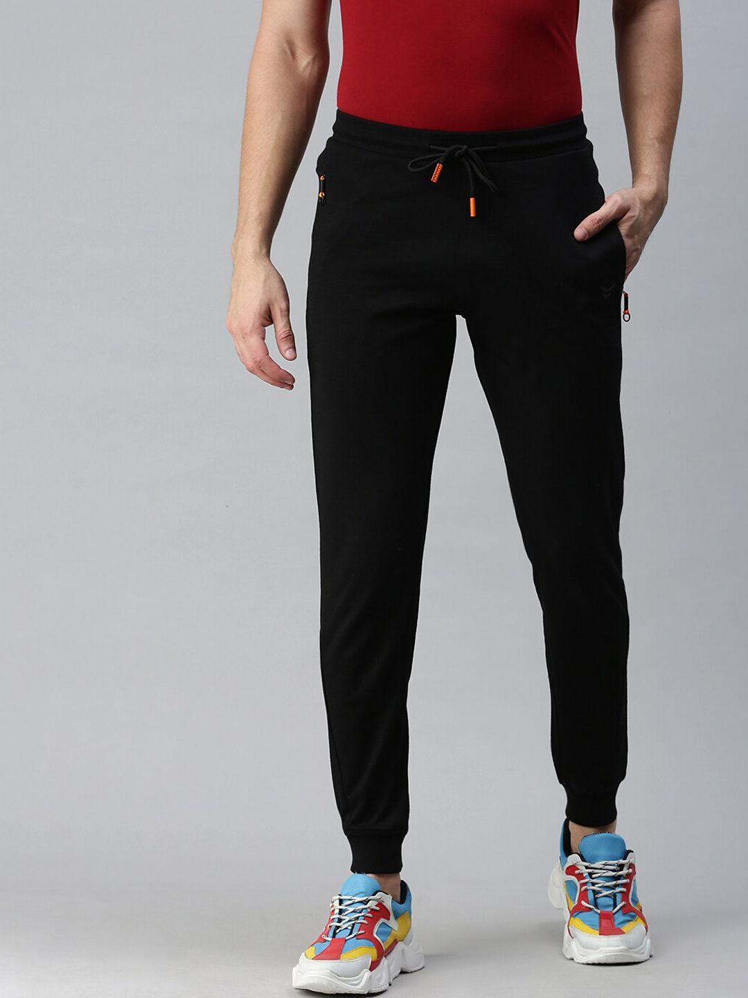 showoff men black  solid cotton slim-fit track pants