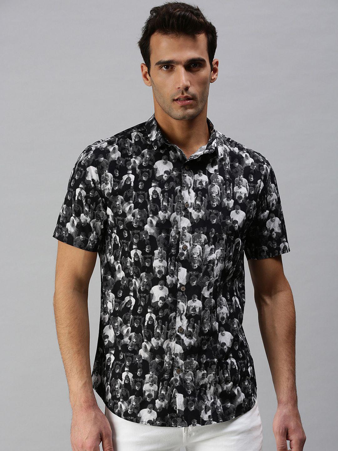 showoff men black classic slim fit floral printed casual shirt