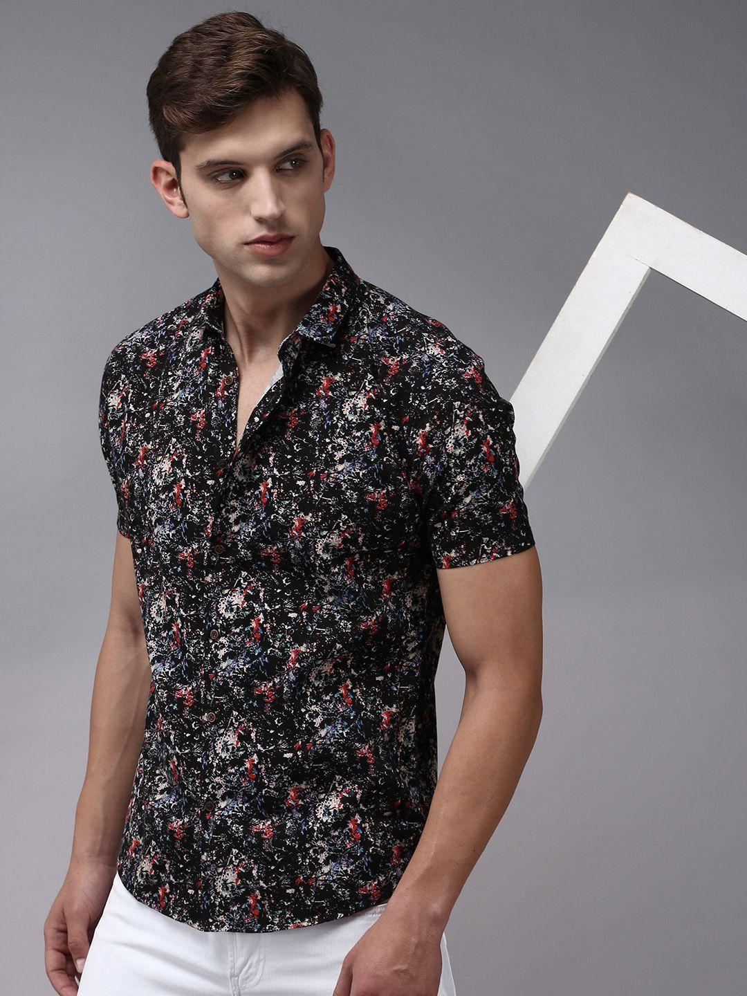 showoff men black comfort printed cotton casual shirt