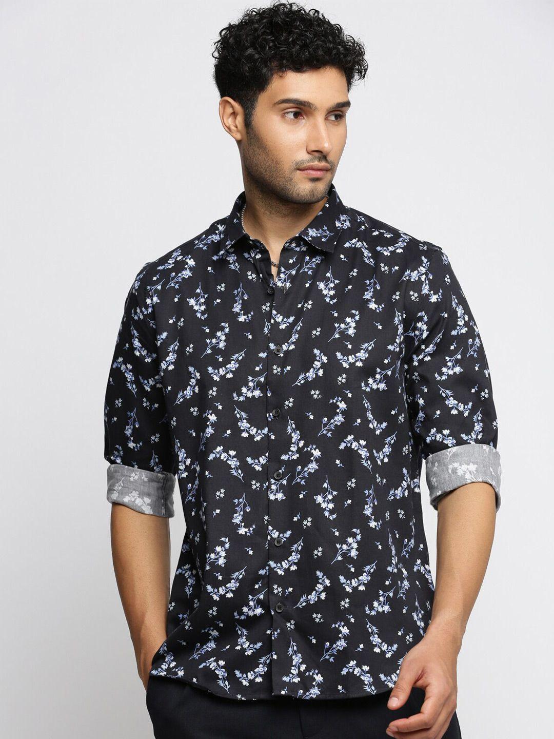 showoff men black smart slim fit floral opaque printed casual shirt