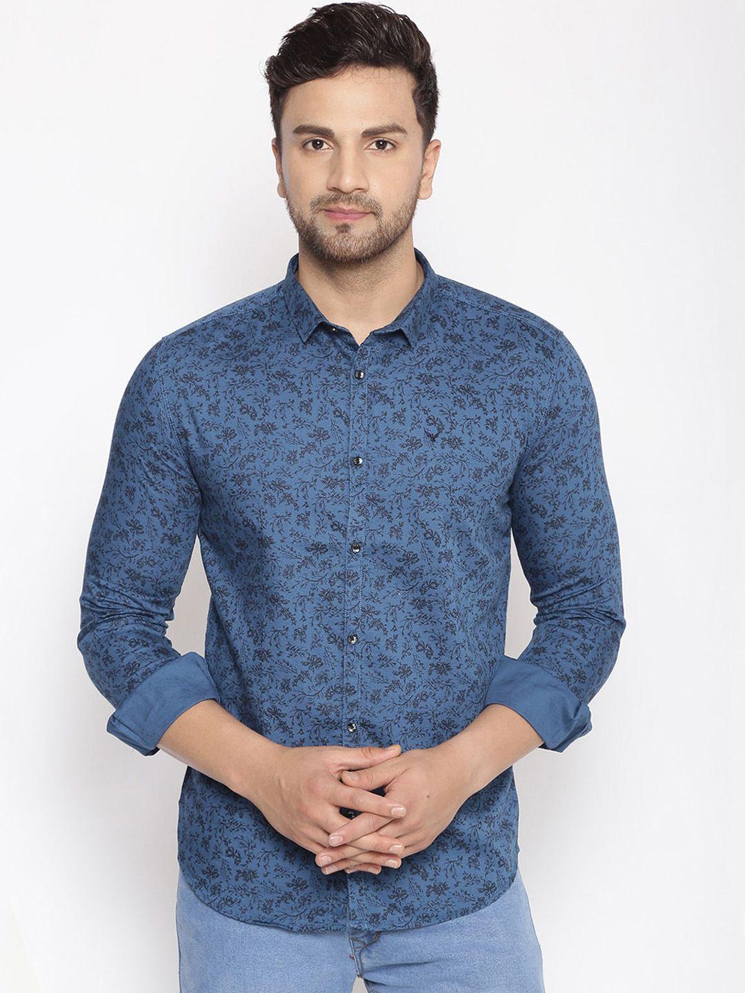 showoff men blue & black cotton classic slim fit printed casual shirt