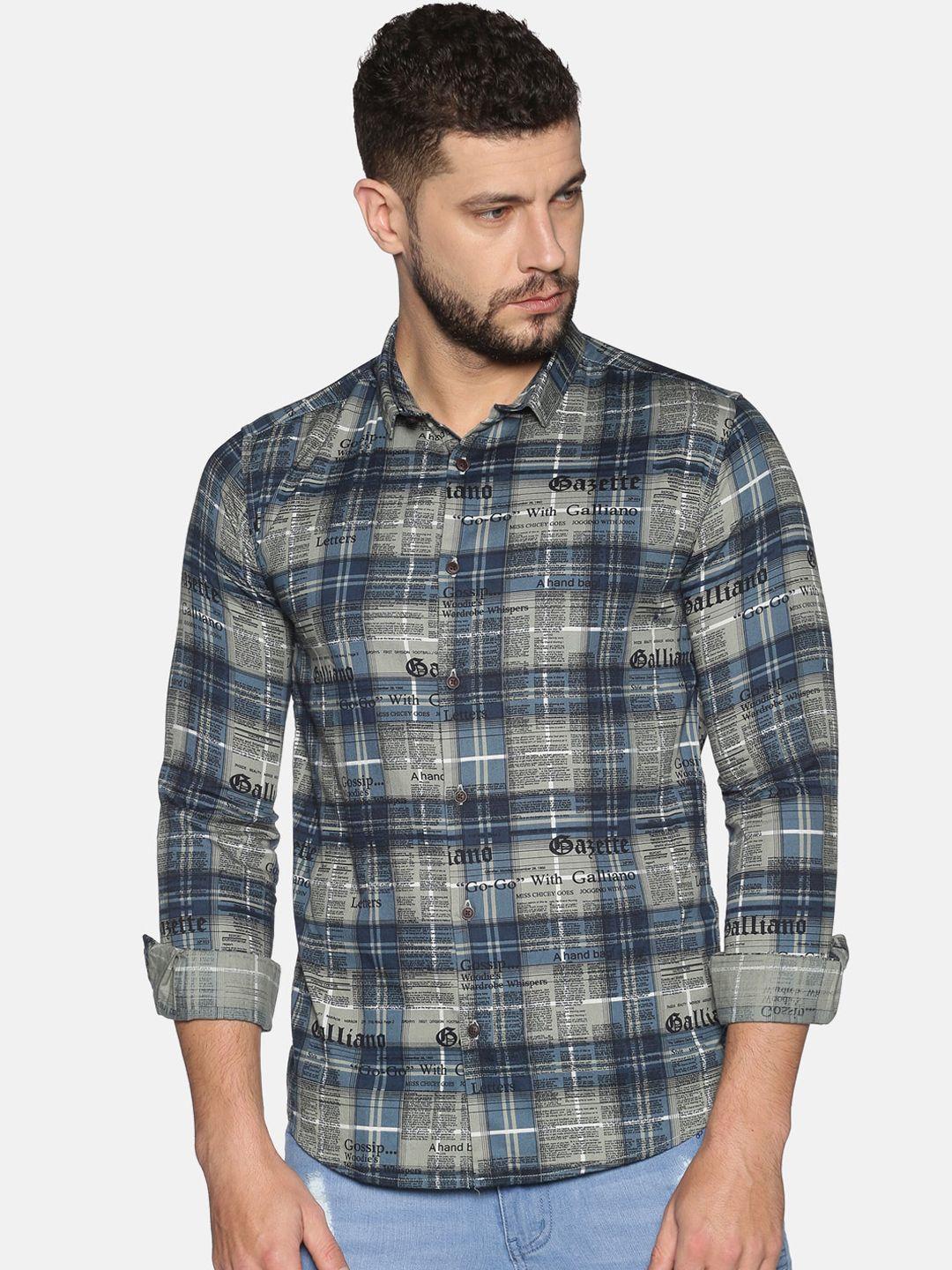 showoff men blue & grey slim fit printed casual shirt