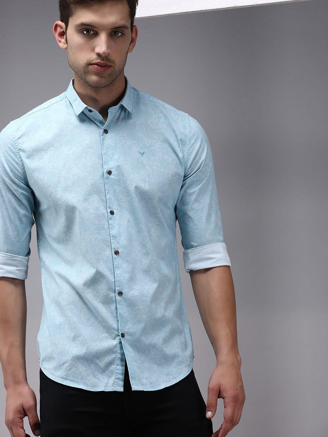 showoff men blue classic floral printed cotton casual shirt