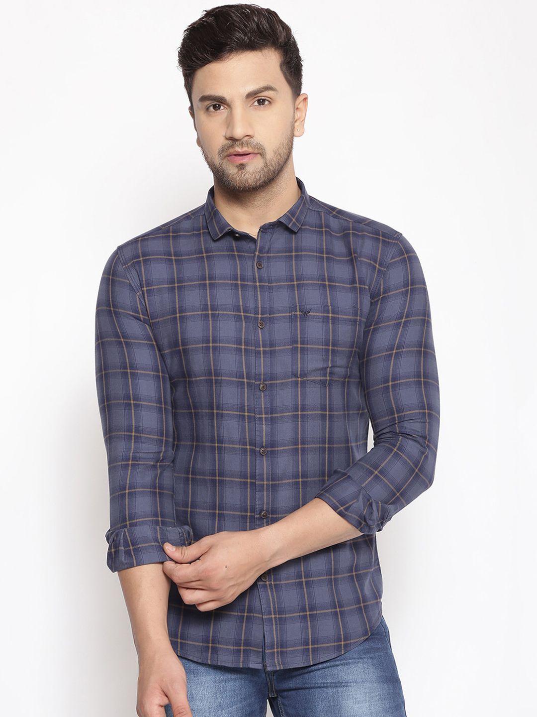 showoff men blue cotton classic slim fit checked casual shirt