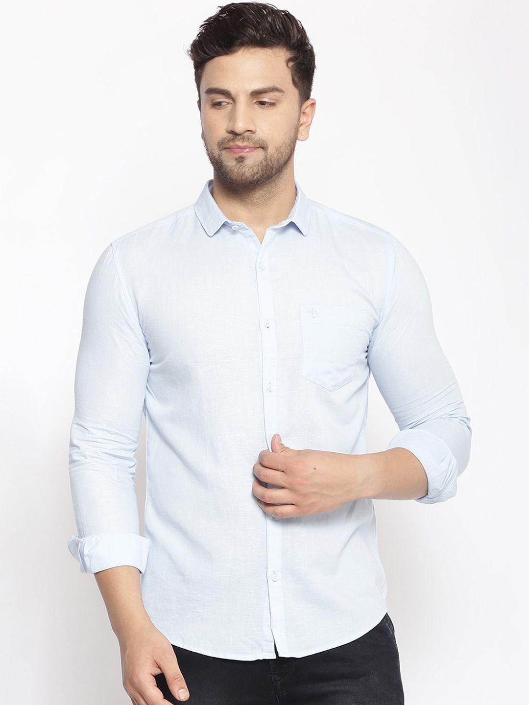 showoff men blue cotton classic slim fit solid casual shirt