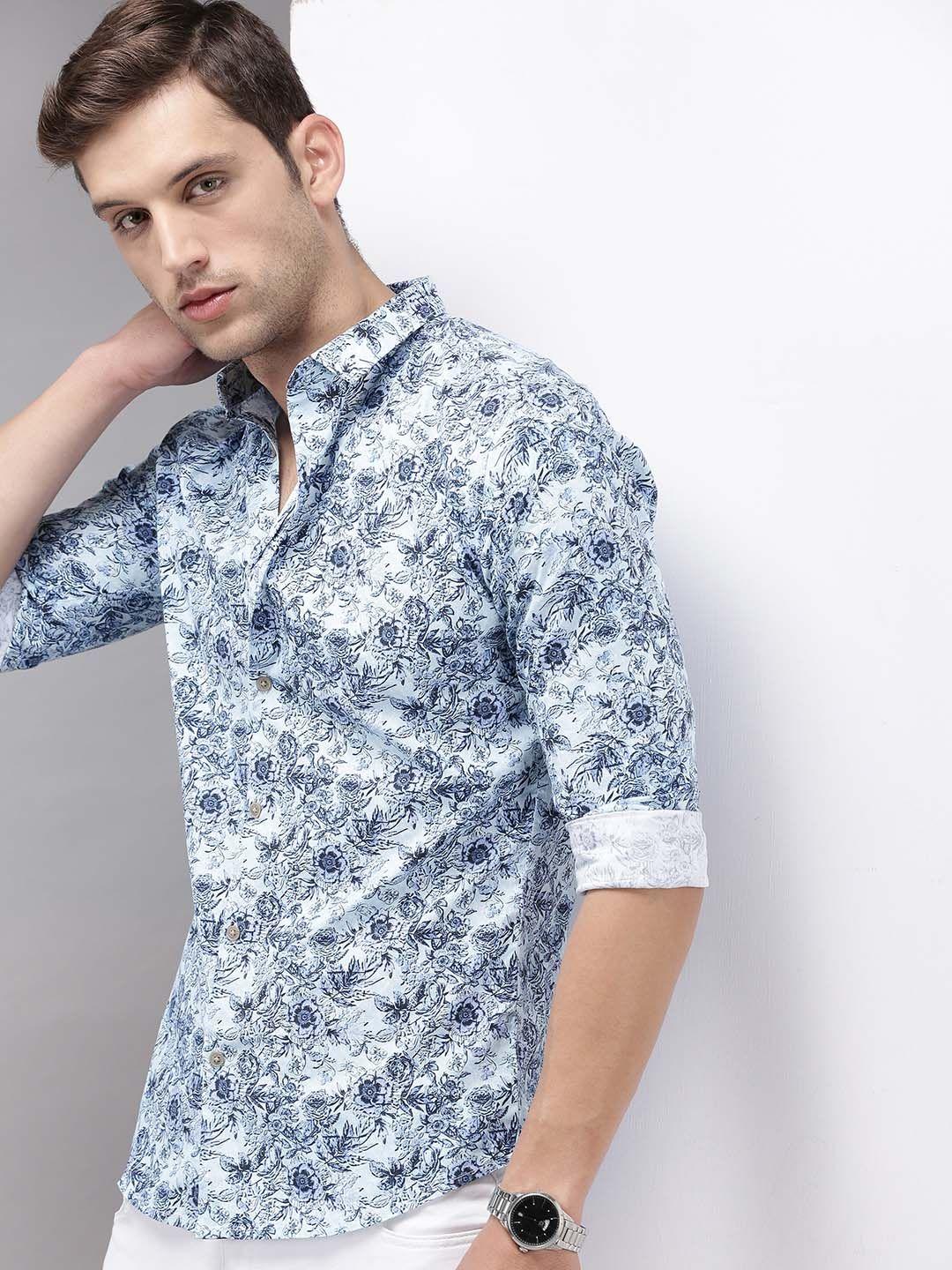 showoff men blue floral printed comfort fit cotton casual shirt