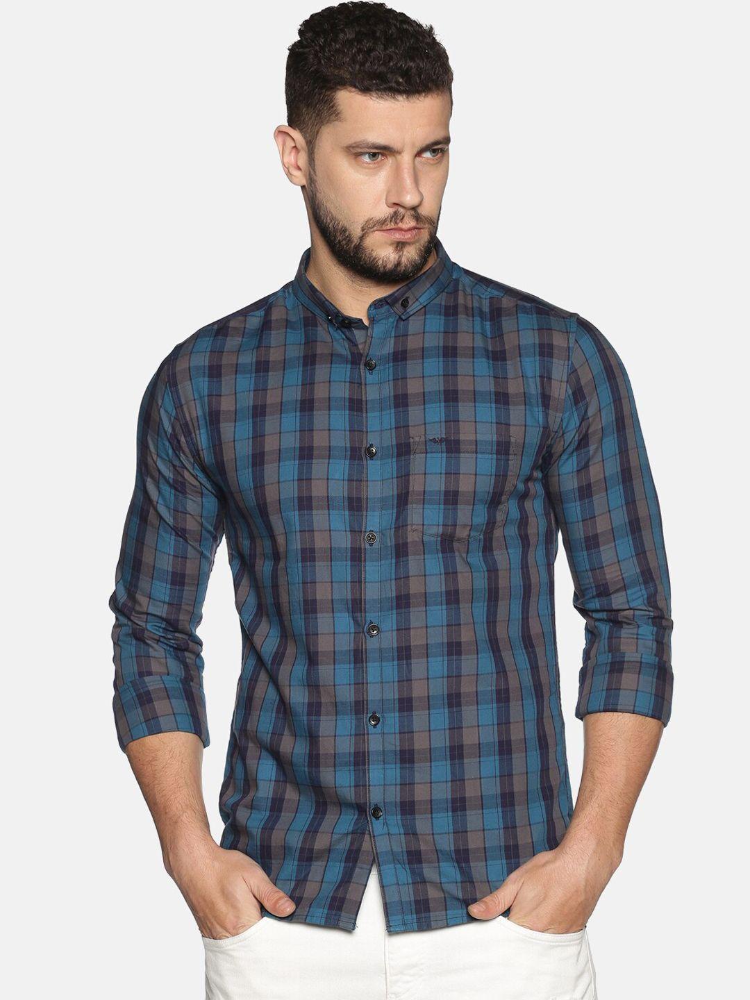 showoff men blue slim fit checked casual shirt