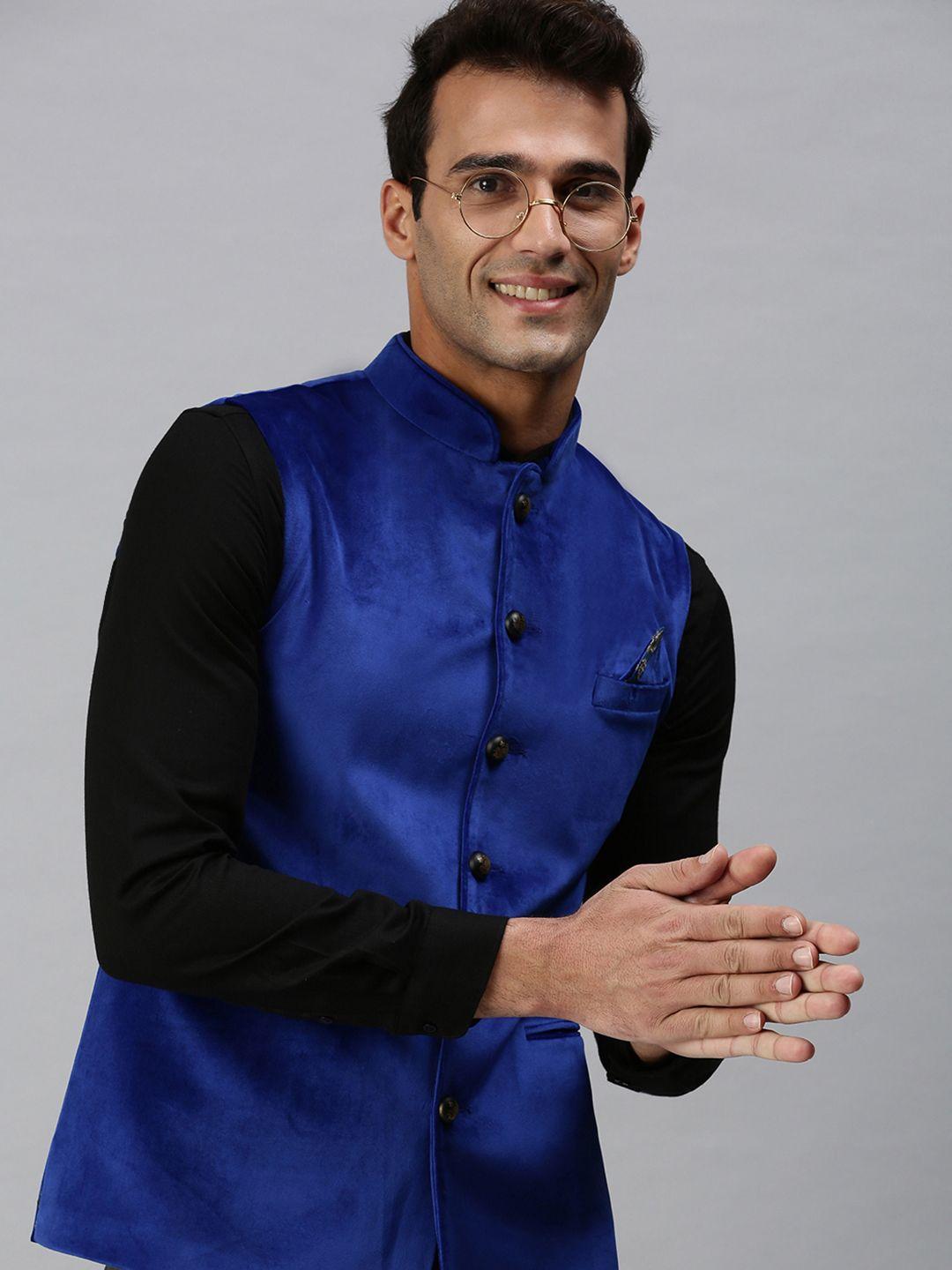 showoff men blue solid woven nehru jackets with pocket square