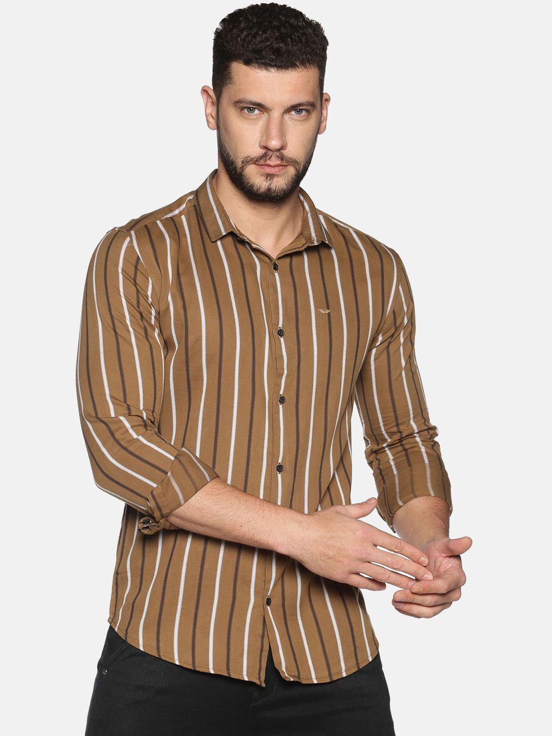 showoff men brown slim fit striped casual shirt