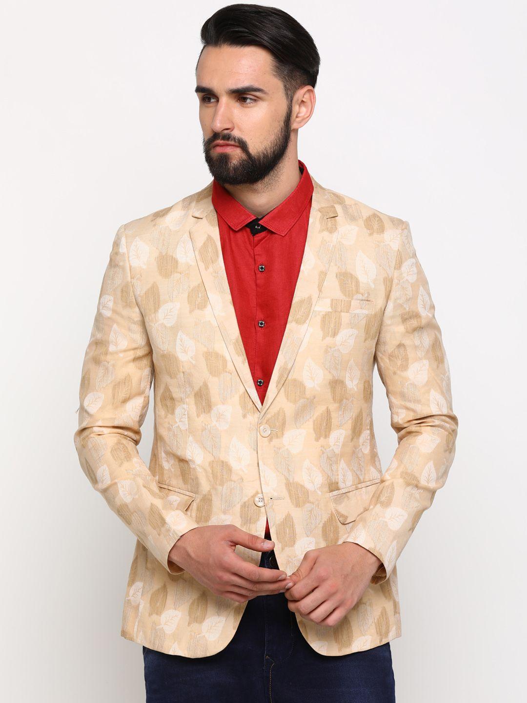 showoff men cream-coloured & beige printed single-breasted slim-fit blazer