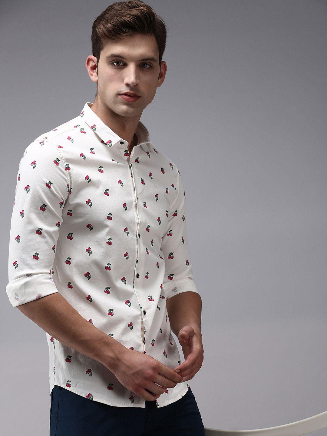 showoff men cream-coloured comfort printed cotton casual shirt