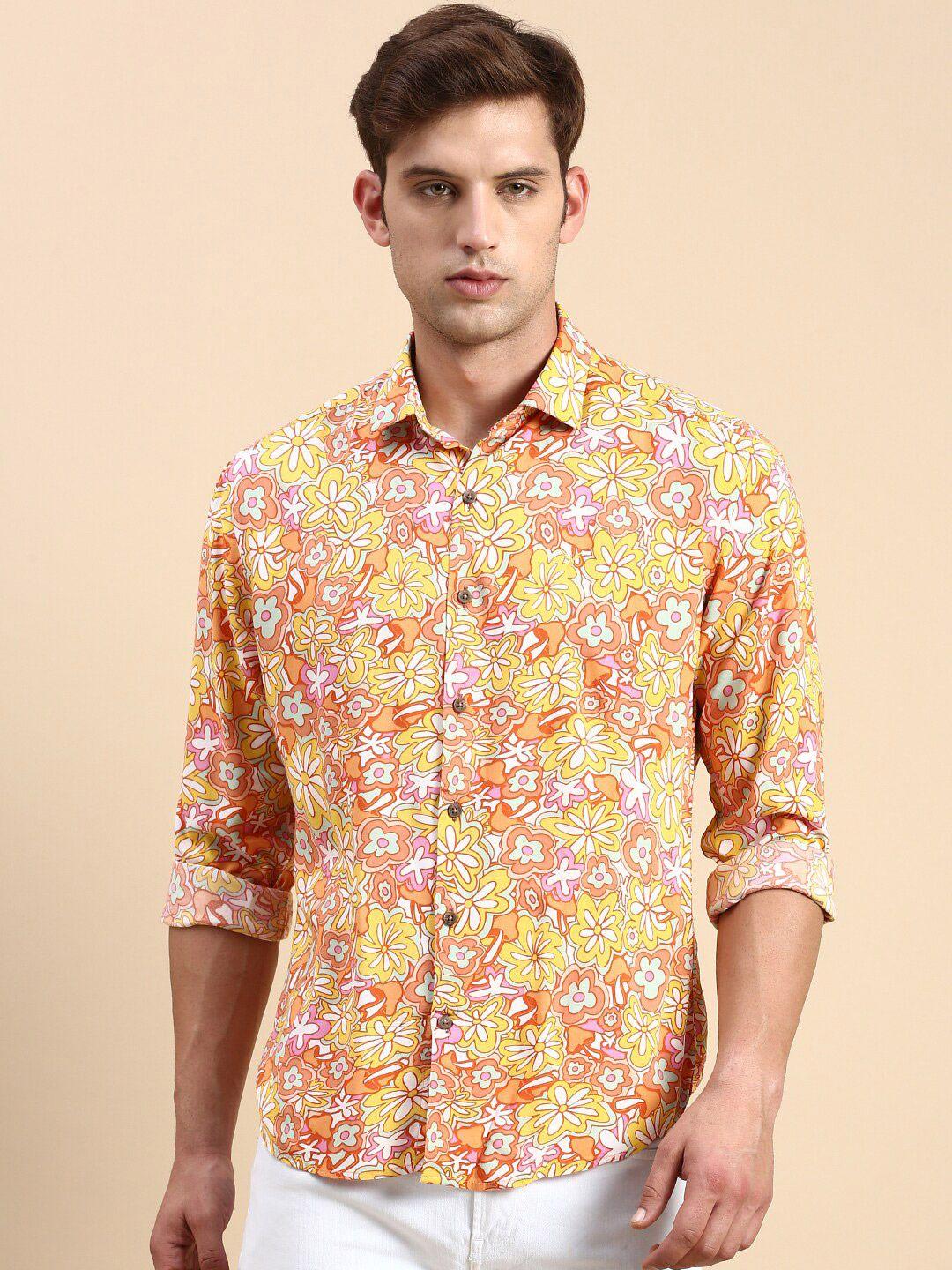 showoff men floral printed cotton premium slim fit opaque casual shirt