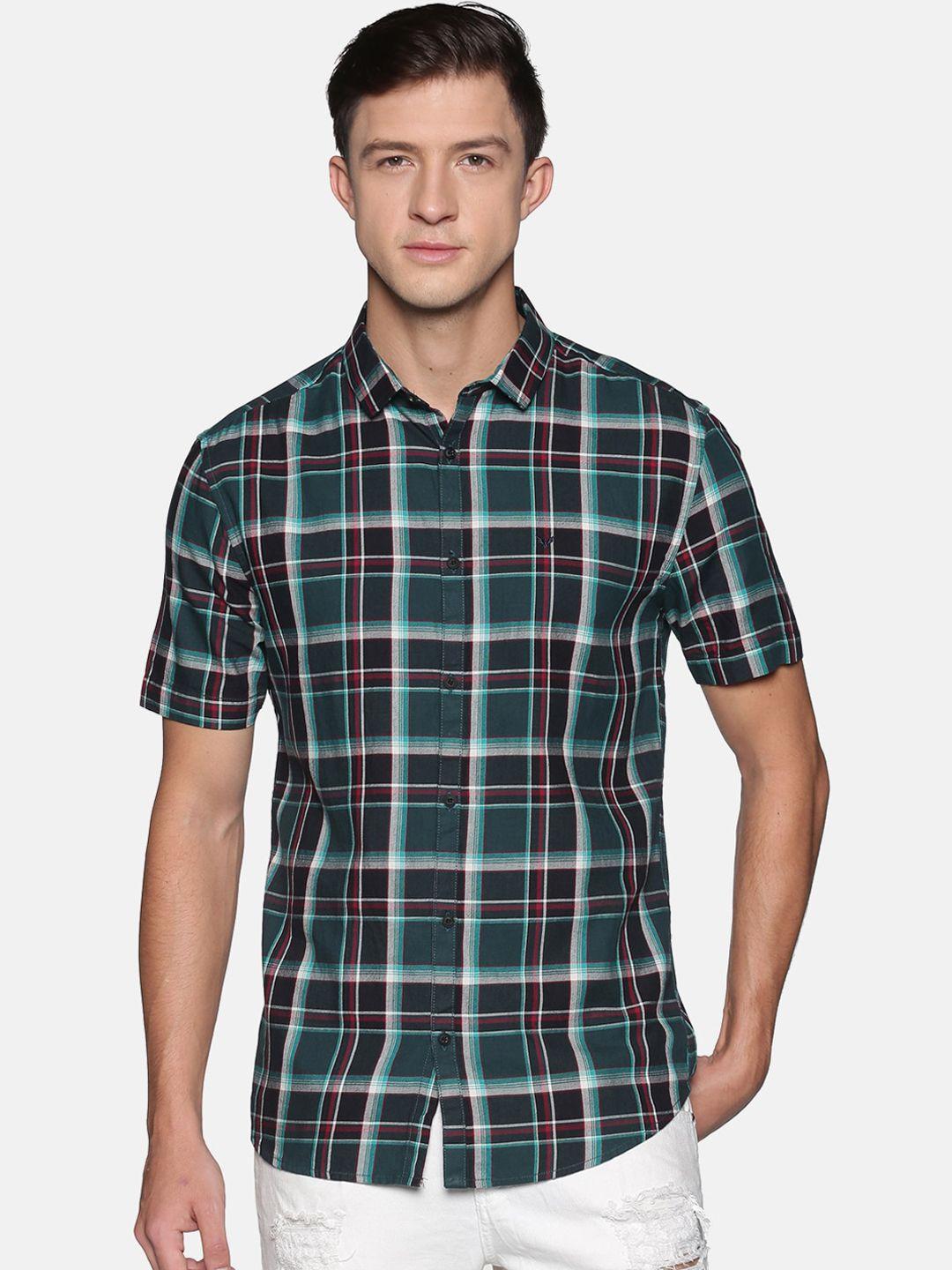 showoff men green tartan checks comfort slim fit casual shirt