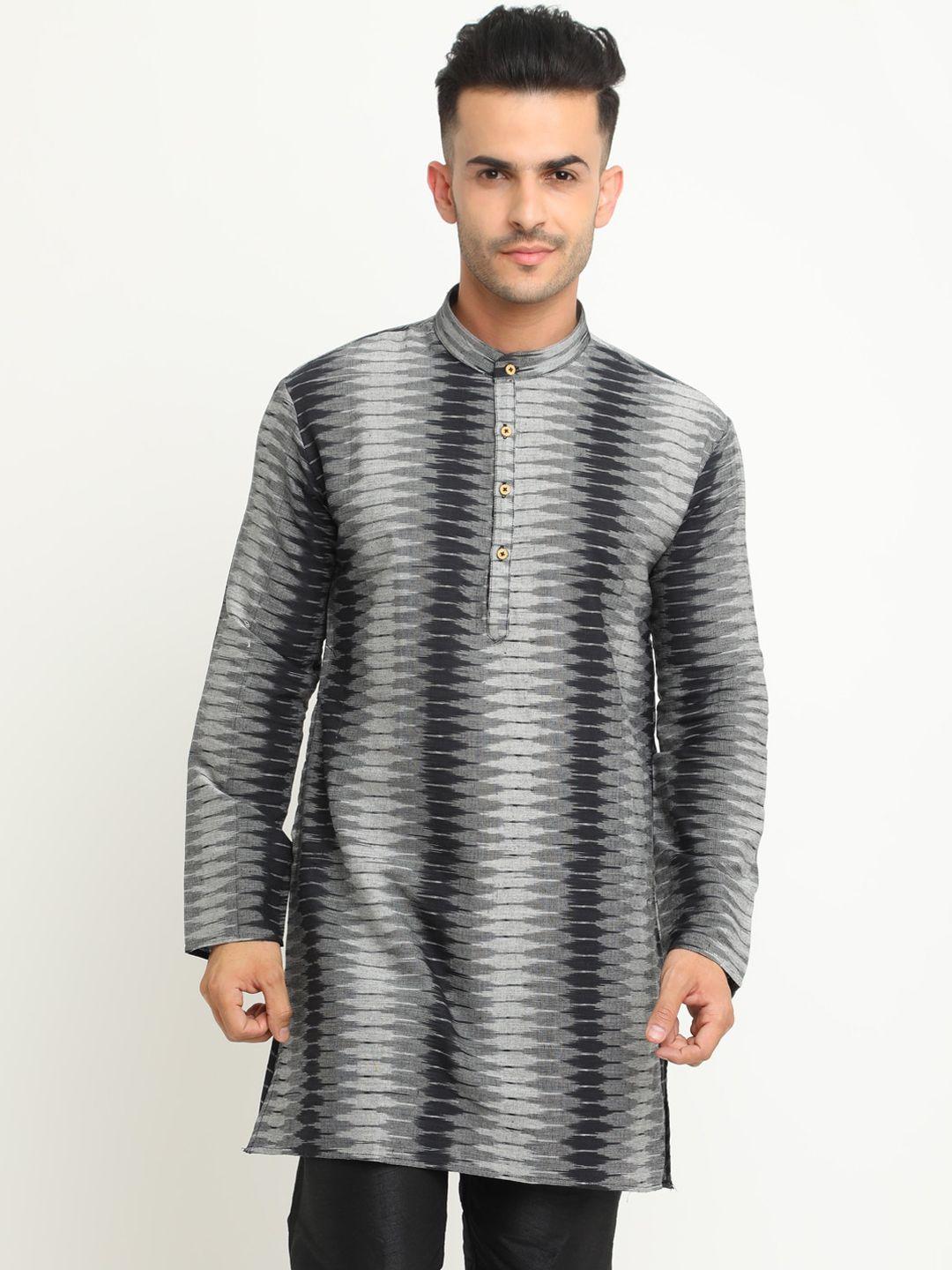 showoff men grey & white woven design straight kurta