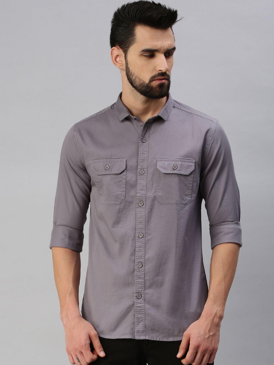 showoff men grey slim fit cotton casual shirt